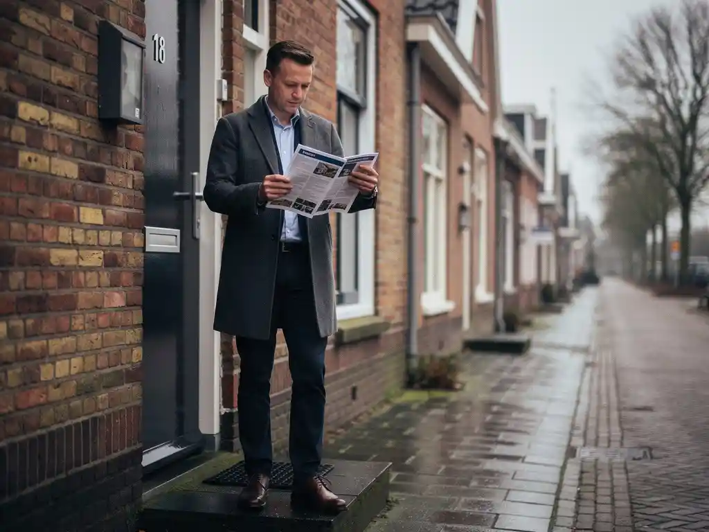 Makelaar bekijkt woninglijsten op de stoep van een rood bakstenen rijtjeshuis in Bodegraven op een bewolkte dag.