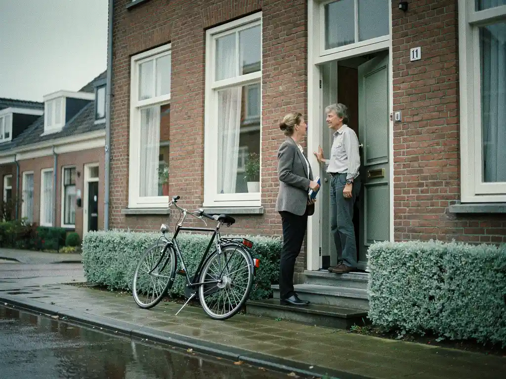 Makelaar in gesprek met huiseigenaar bij de voordeur van een rood bakstenen rijtjeshuis in Bodegraven, fiets tegen de gevel.