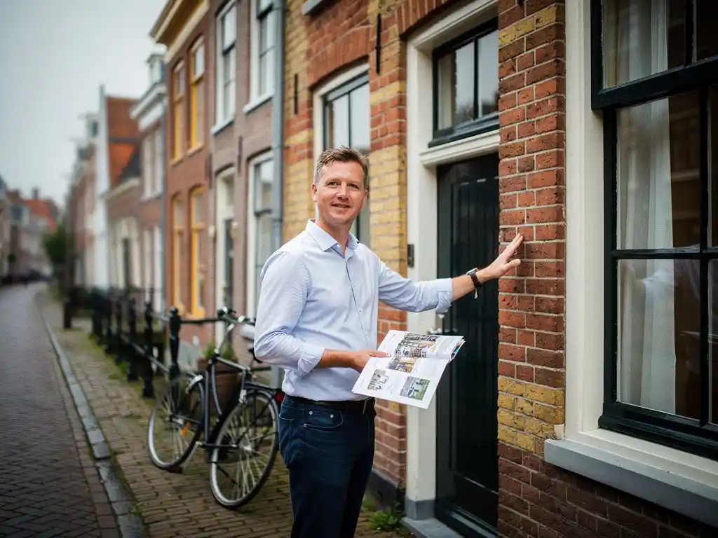 Makelaar in casual zakelijke kleding bij ingang van Gouds grachtenpand, wijzend naar rode bakstenen gevel met woningbrochure in hand.
