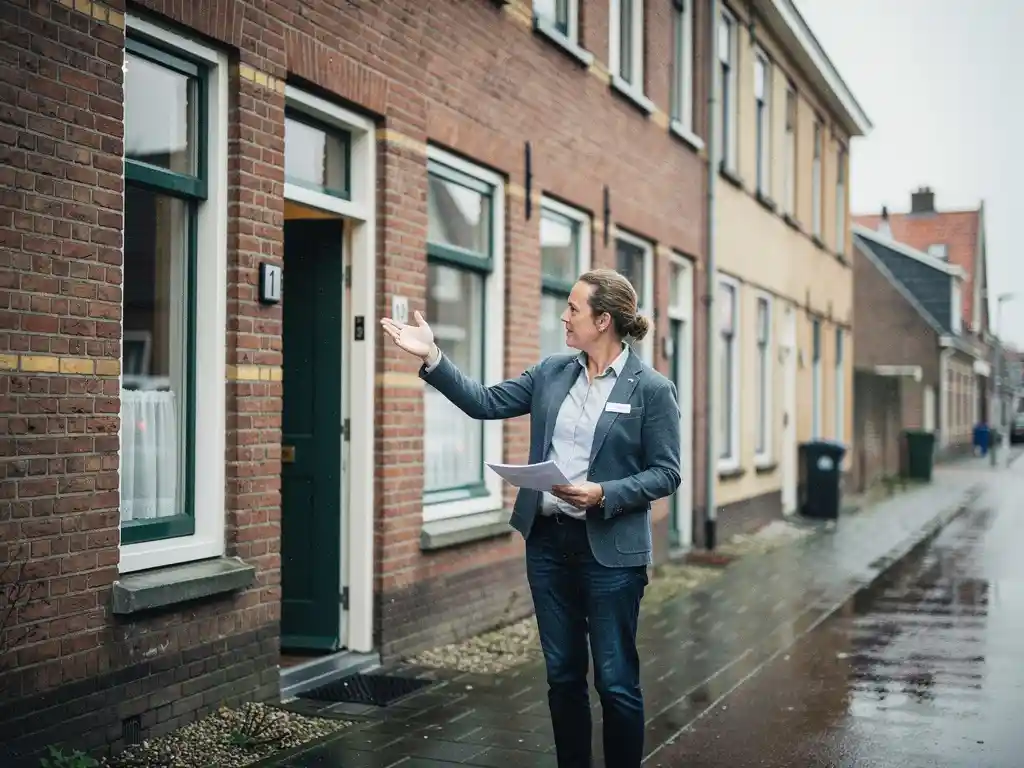 NVM-makelaar wijst naar de gevel van een rood bakstenen rijtjeswoning in Bodegraven, papieren in hand, bewolkte lucht.