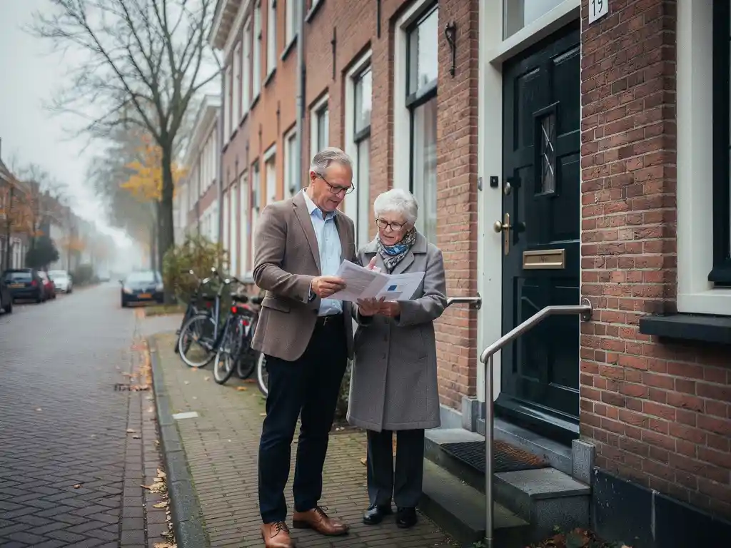 Makelaar in casual zakelijke kleding bespreekt papieren met een ouder echtpaar bij de voordeur van een rood bakstenen rijtjeshuis in Bodegraven.