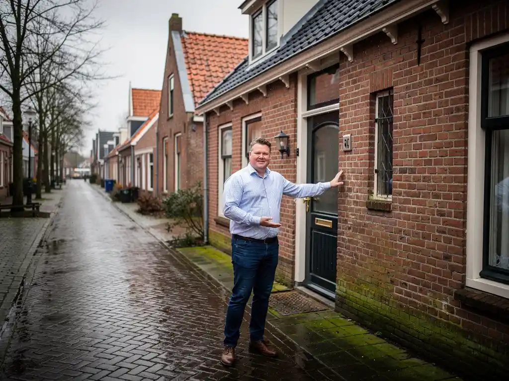 Makelaar in casual kleding bij de ingang van een rood bakstenen rijtjeshuis in Bodegraven, natte kinderkopjes op straat.