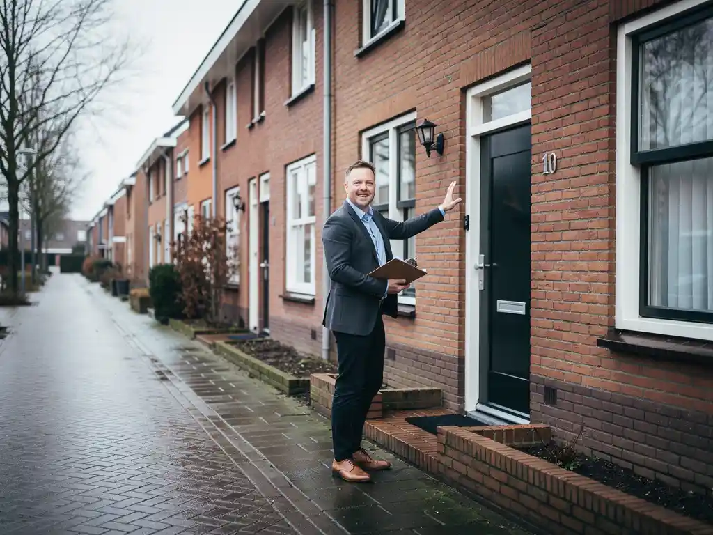 Makelaar in casual zakelijke kleding bij de voordeur van een rood bakstenen rijtjeshuis in Bodegraven, klembord in hand.