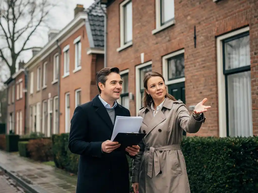 Makelaar en taxateur buiten een traditionele rode bakstenen rijtjeswoning in Bodegraven, klembord met documenten in hand.