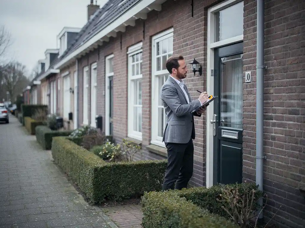 Makelaar met klembord meet de gevel van een bakstenen rijtjeswoning in Bodegraven op een bewolkte dag.