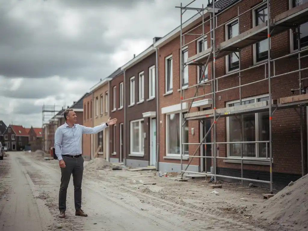 Makelaar in casual zakelijke kleding wijst naar nieuwbouw rijtjeshuis van rode baksteen met steiger en onverharde straat.