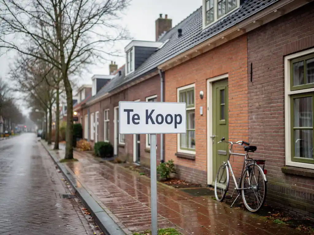 Te Koop-bord voor een rood bakstenen rijtjeshuis in Bodegraven, met kale herfstbomen en natte straatstenen op een bewolkte dag.
