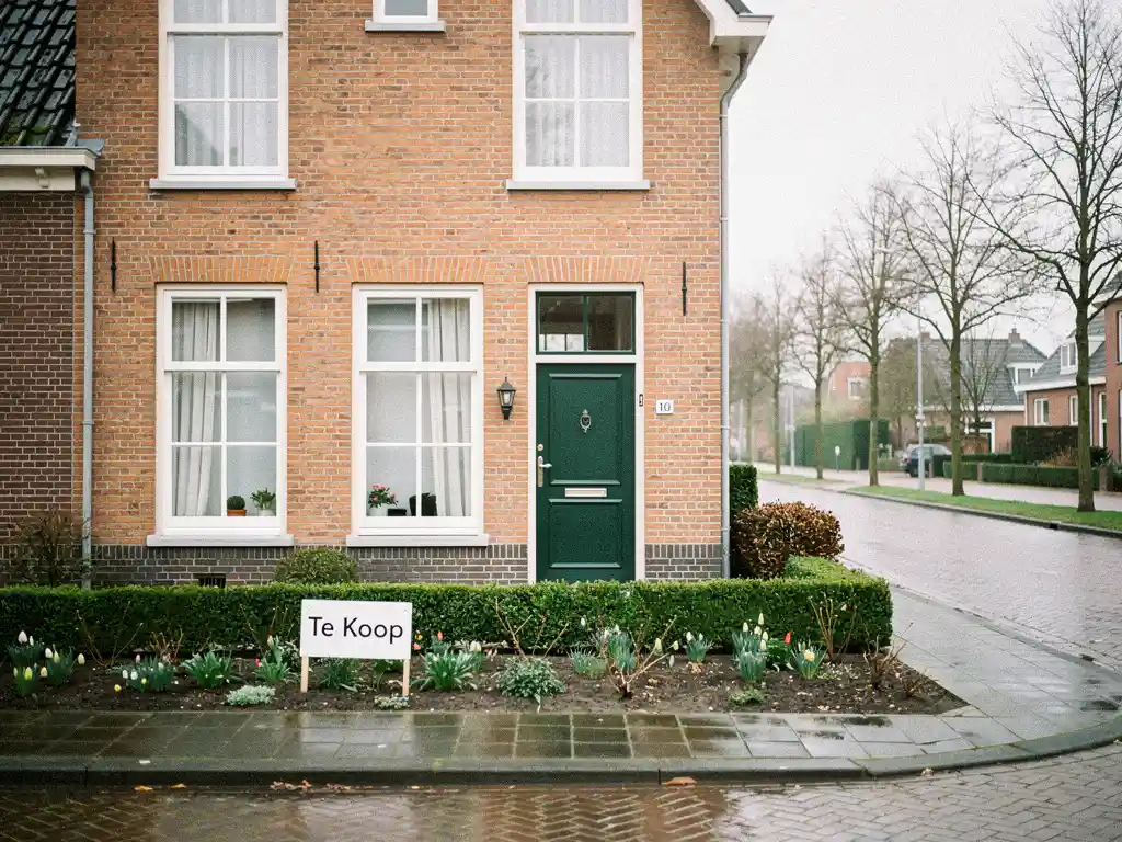 Hollandse bakstenen rijtjeswoning in Bodegraven met Te Koop-bord tegen de lage heg, klinkers glinsterend in het vroege voorjaarslicht.