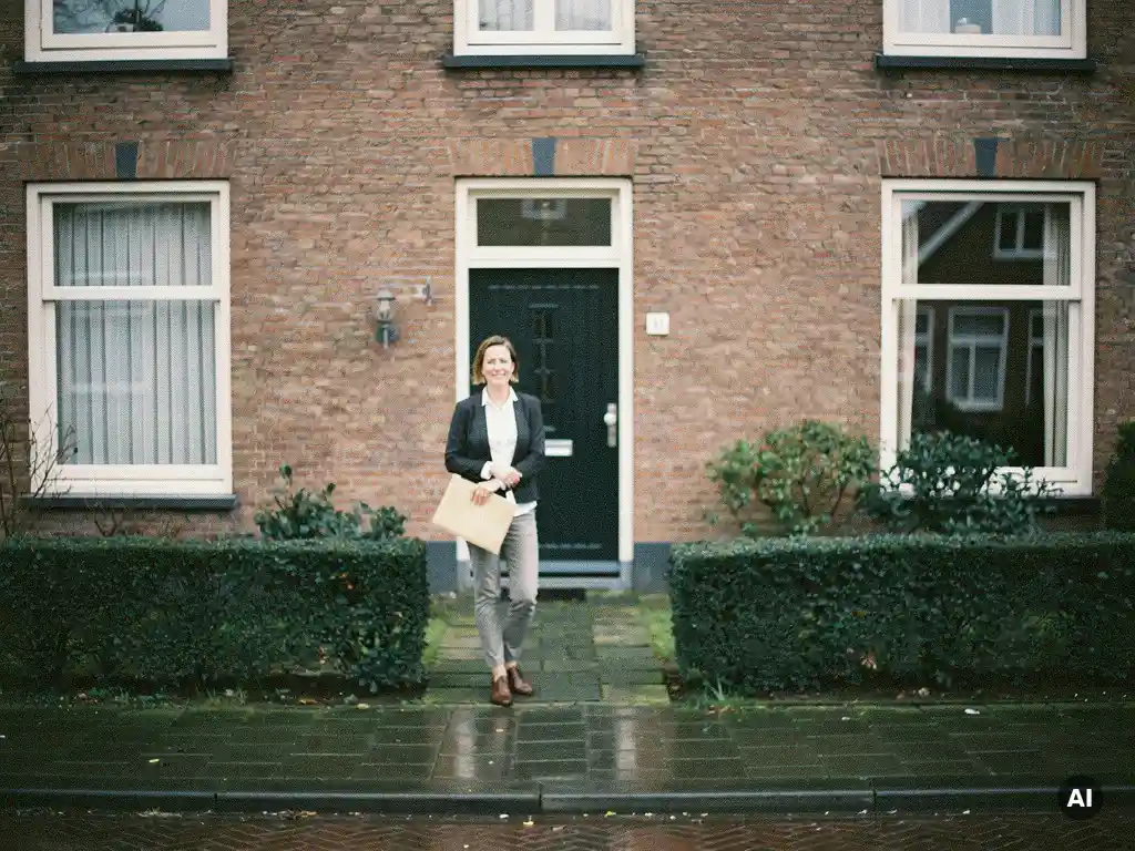Makelaar in casual zakelijke kleding bij de voordeur van een bakstenen rijtjeshuis in Bodegraven, bewolkte dag, natte bestrating op de voorgrond.