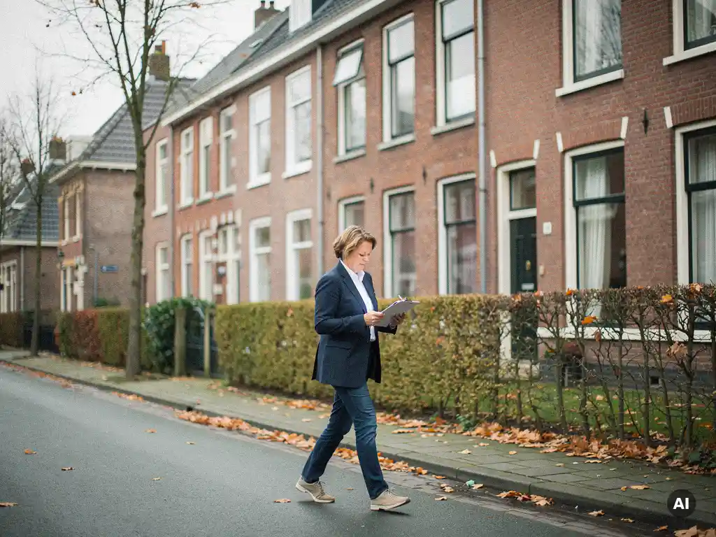 Makelaar met klembord loopt langs traditionele rode bakstenen rijtjeshuizen in Bodegraven op een bewolkte herfstdag.