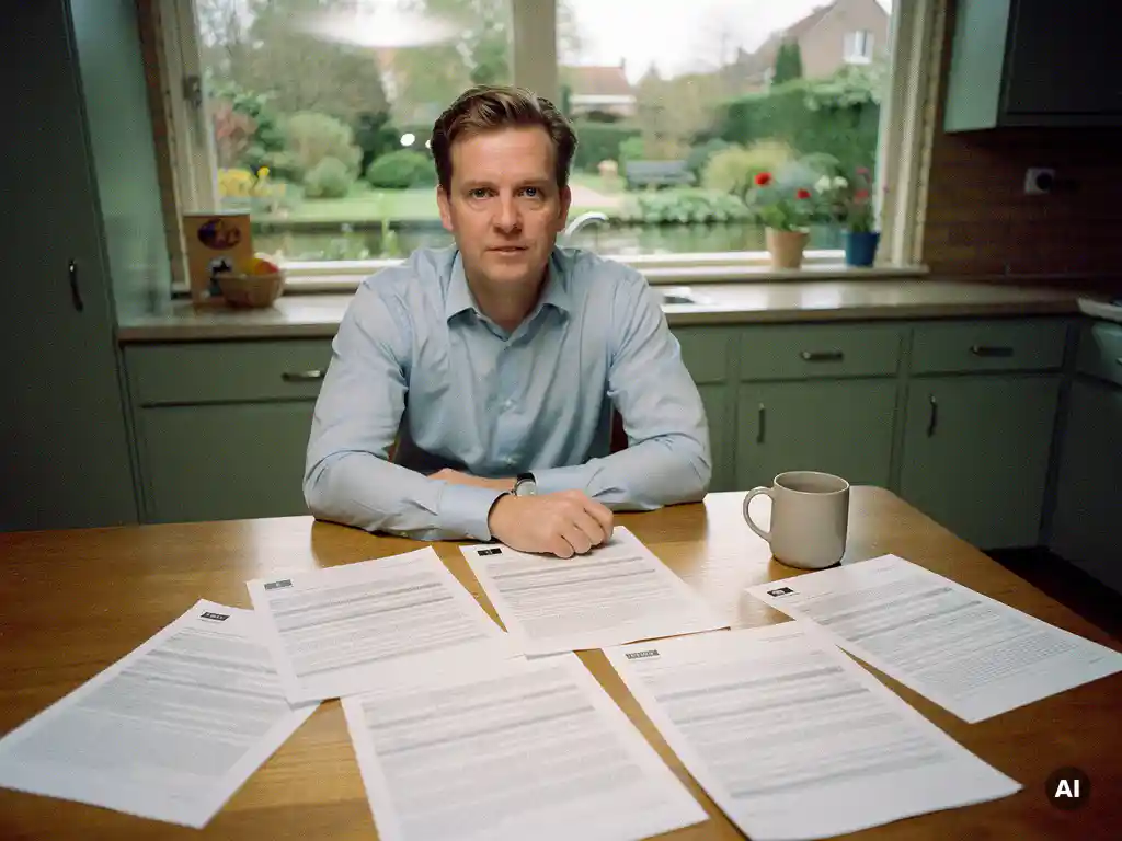 Makelaar bekijkt contractdocumenten aan keukentafel in jaren 70 vrijstaande woning in Reeuwijk, tuin met water zichtbaar op achtergrond.