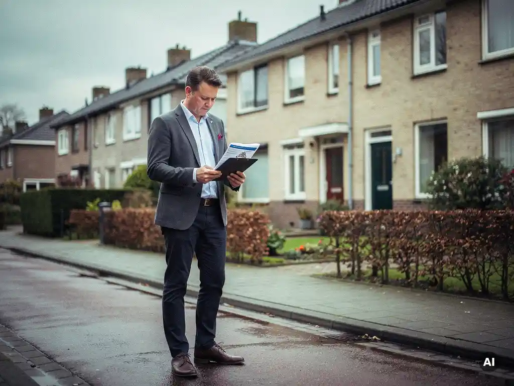 Makelaar bekijkt vergoedingsdocumenten op klembord voor rijtjeswoning in Waddinxveen op bewolkte dag.