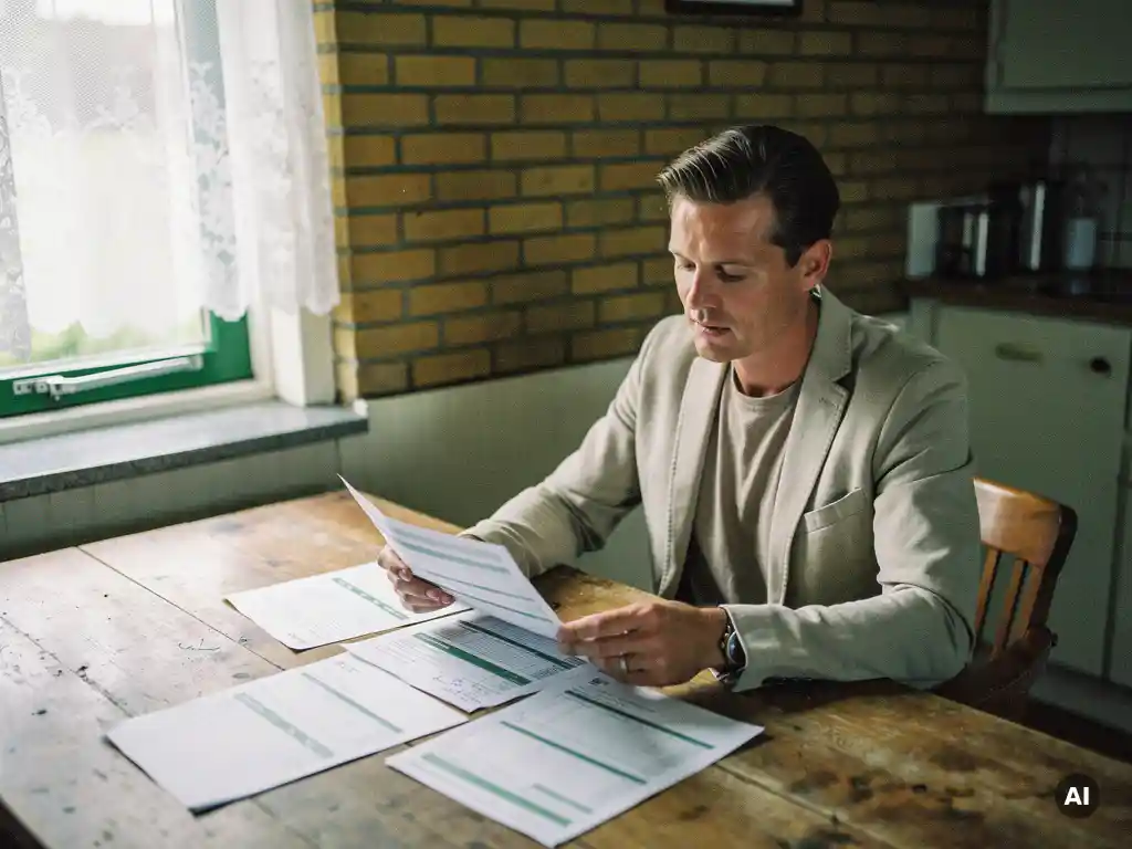 Makelaar bestudeert kostendocumenten aan houten keukentafel in traditionele bakstenen woning in Bodegraven.
