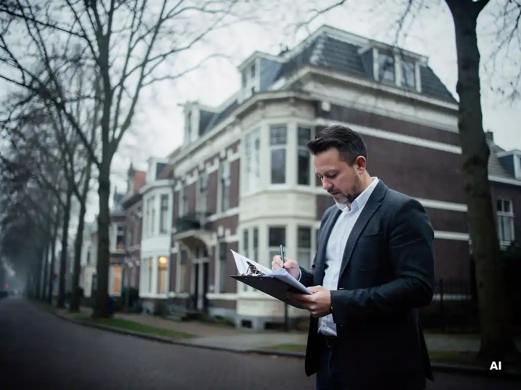 Makelaar bekijkt kostendocumenten op klembord voor een vooroorlogs herenhuis met bakstenen erkers in Rotterdam Kralingen.