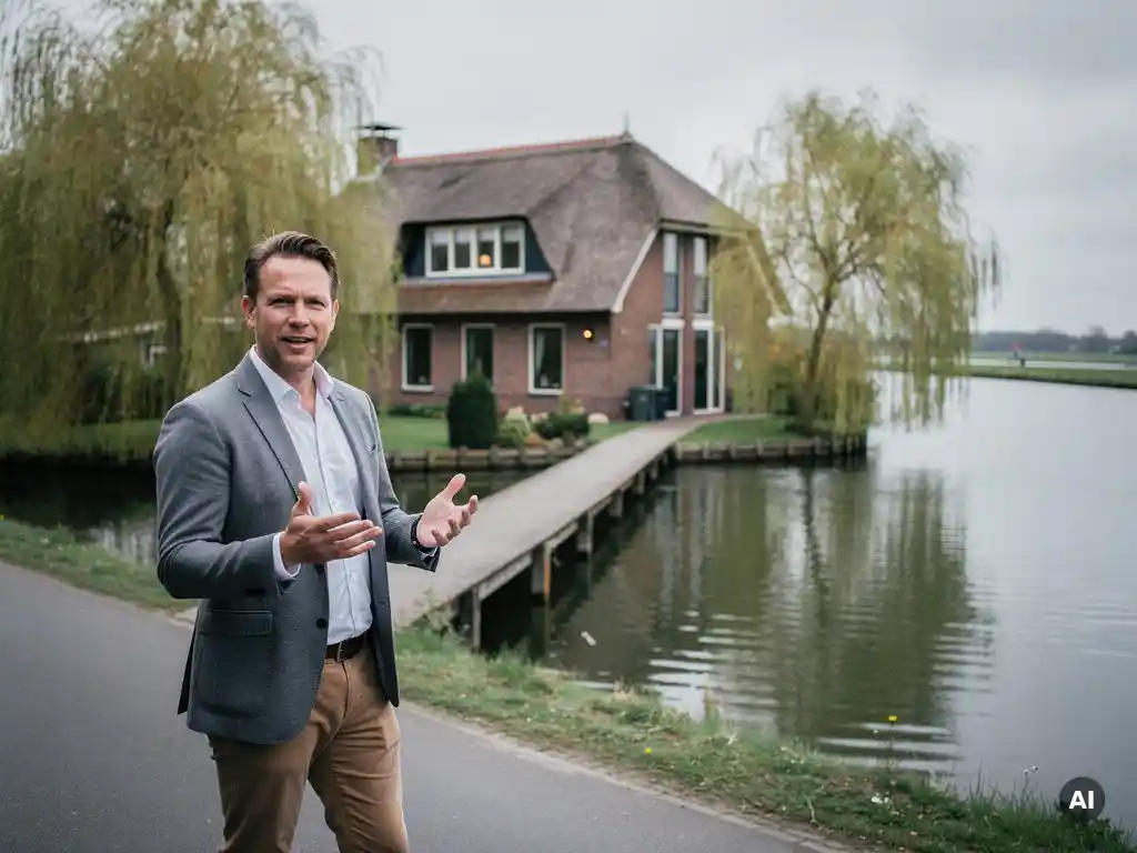 Makelaar in casual kleding wijst naar een rietgedekte vrijstaande woning aan een polderlaan in Reeuwijk, met houten steiger en grijs-groen water.