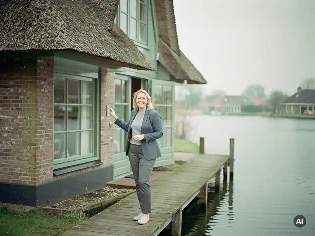 Makelaar in casual kleding wijst naar rieten dak van bakstenen woning in Reeuwijk, met steiger en grijs-groen water op achtergrond.