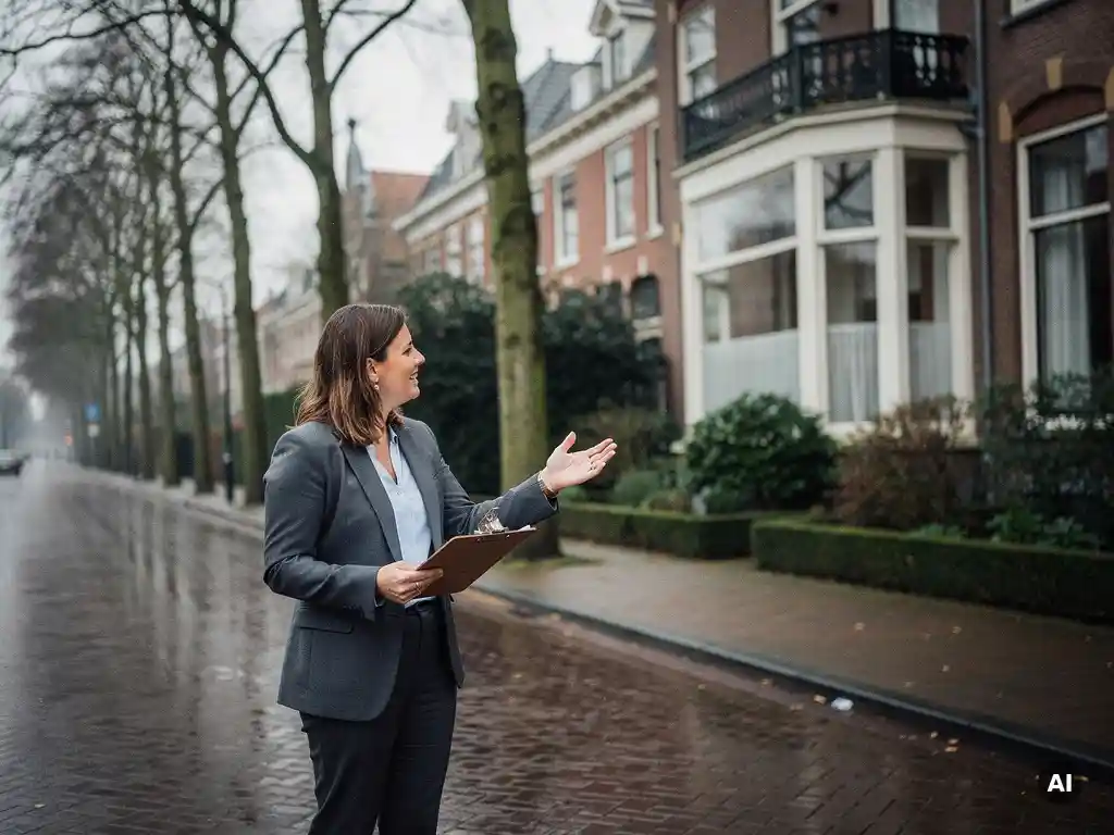 Makelaar met klembord op een laan in Kralingen, Rotterdam, wijzend naar een vooroorlogse herenhuis met erker op een bewolkte dag.