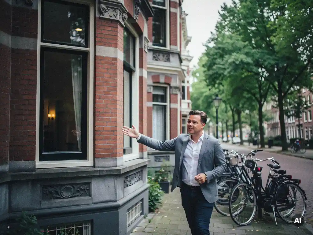 Makelaar wijst naar architectuurdetails van een vooroorlogse bakstenen herenwoning met erkers aan een bomenlaan in Rotterdam Kralingen.