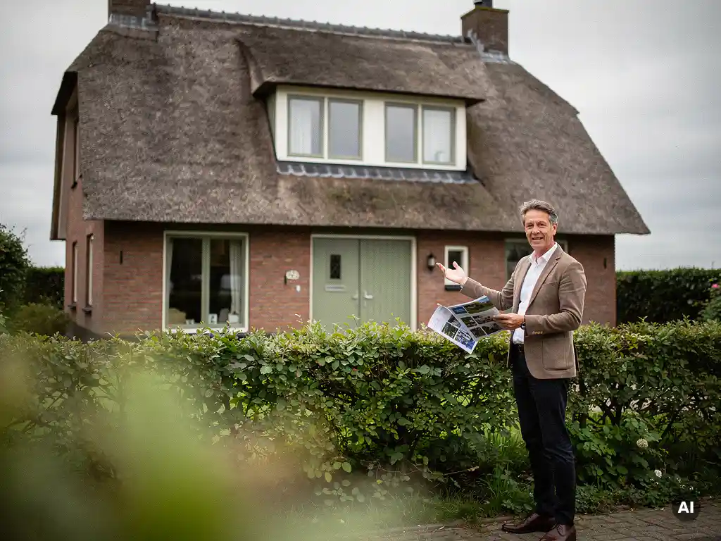 Makelaar met woningdocumenten naast een vrijstaande jaren '70 woning met rietgedekt dak en bakstenen gevel in Reeuwijk.