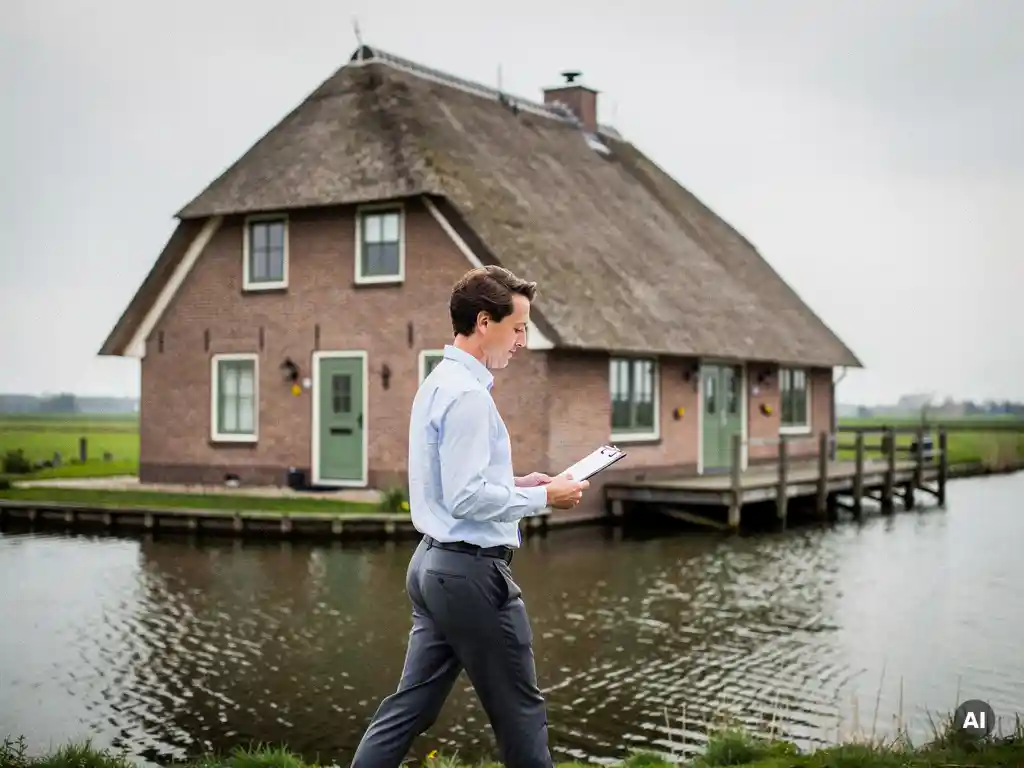 Makelaar met klembord loopt langs vrijstaande woning met rieten dak in Reeuwijk, houten steiger en polderwater op achtergrond.