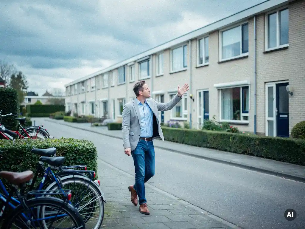 Makelaar in casual kleding wijst naar rijtjeshuizen uit de jaren 70 in Waddinxveen, met lage heggen en fietsen op de voorgrond.