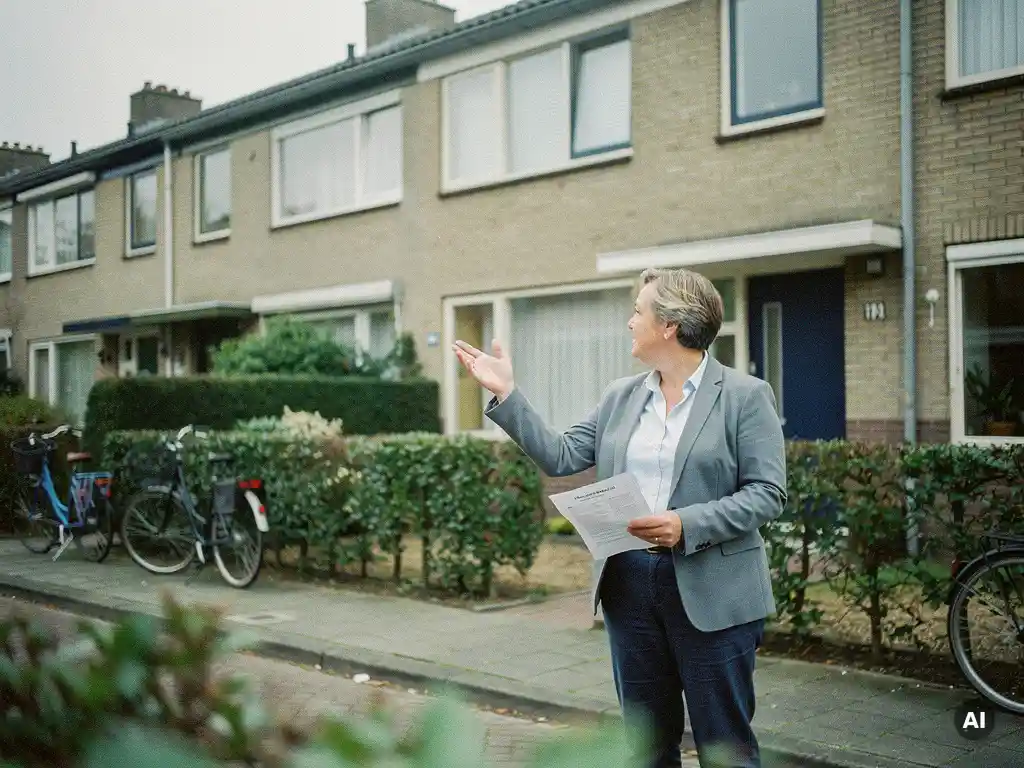 Makelaar met document wijst naar jaren '70 halfvrijstaande bakstenen woning in Waddinxveen op rustige Nederlandse woonstraat.