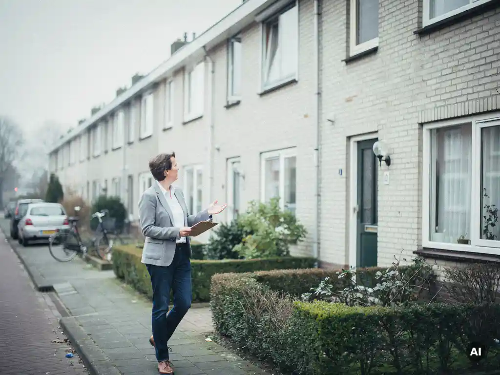 Makelaar in casual zakelijke kleding wijst naar de gevel van een jaren '70 rijtjeswoning in Waddinxveen onder een bewolkte ochtendhemel.