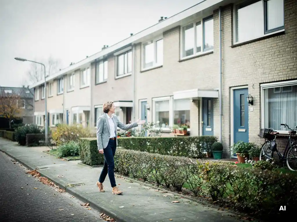 Makelaar in casual zakelijke kleding wijst naar een rij jaren-70 bakstenen rijtjeshuizen aan een rustige straat in Waddinxveen.