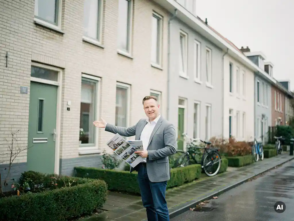 Makelaar in casual zakelijke kleding bij de ingang van een lichtbakstenen rijtjeshuis in Waddinxveen, met woningdocumenten in hand.