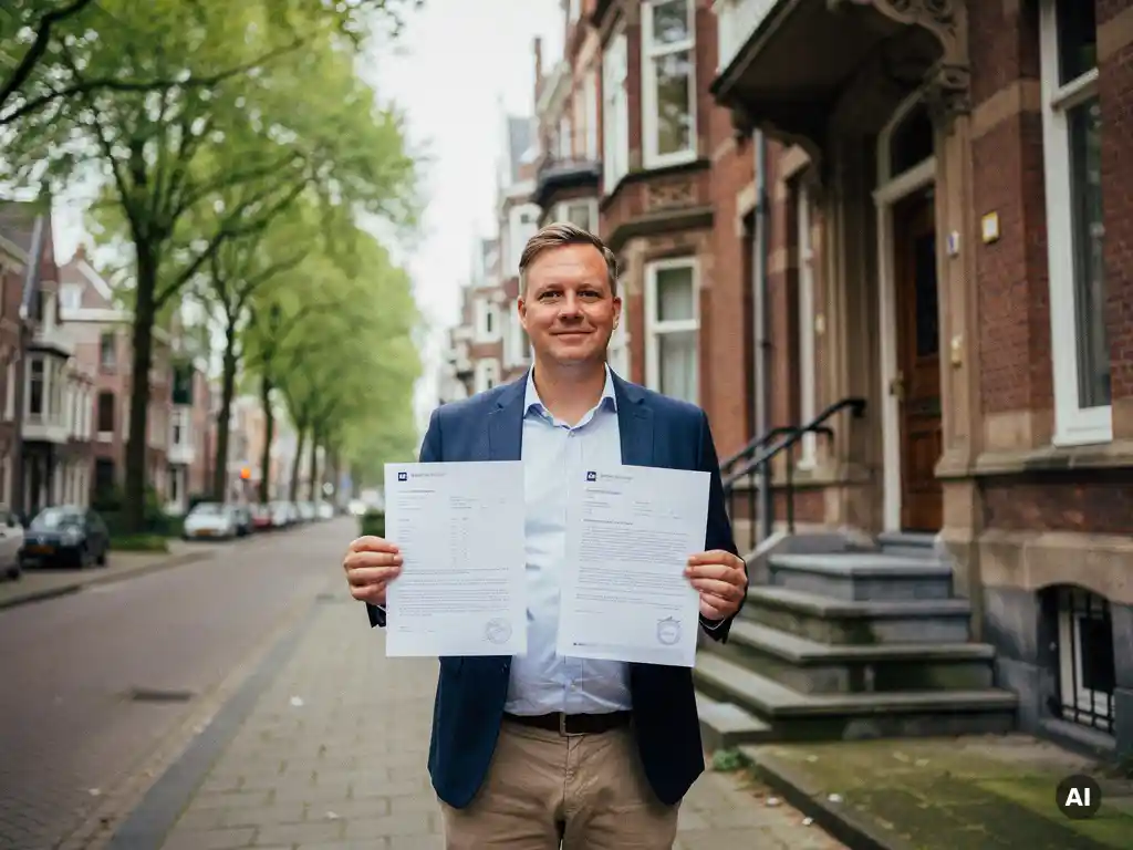 Rotterdamse makelaar houdt twee contracten vast voor een vooroorlogs herenhuis met erkers aan een laan in Kralingen.